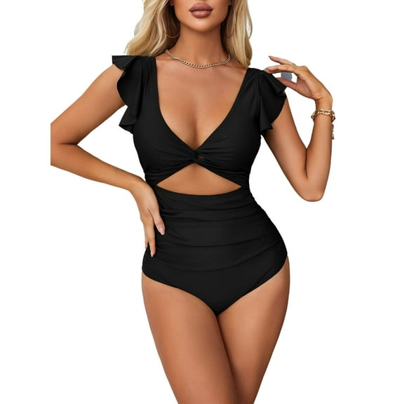 Charmo Tummy Control One Piece Swimsuit for Womens High Waisted Bathing Suits Cutout Ruffle Monokini Swimwear