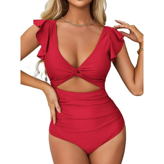 Charmo Tummy Control One Piece Swimsuit for Womens High Waisted Bathing Suits Cutout Ruffle Monokini Swimwear