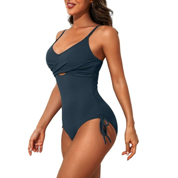 Charmo Twist V Neck Swimwear for Womens Tie Side One Piece Bath Suit Tummy Control Monokini Swimsuit