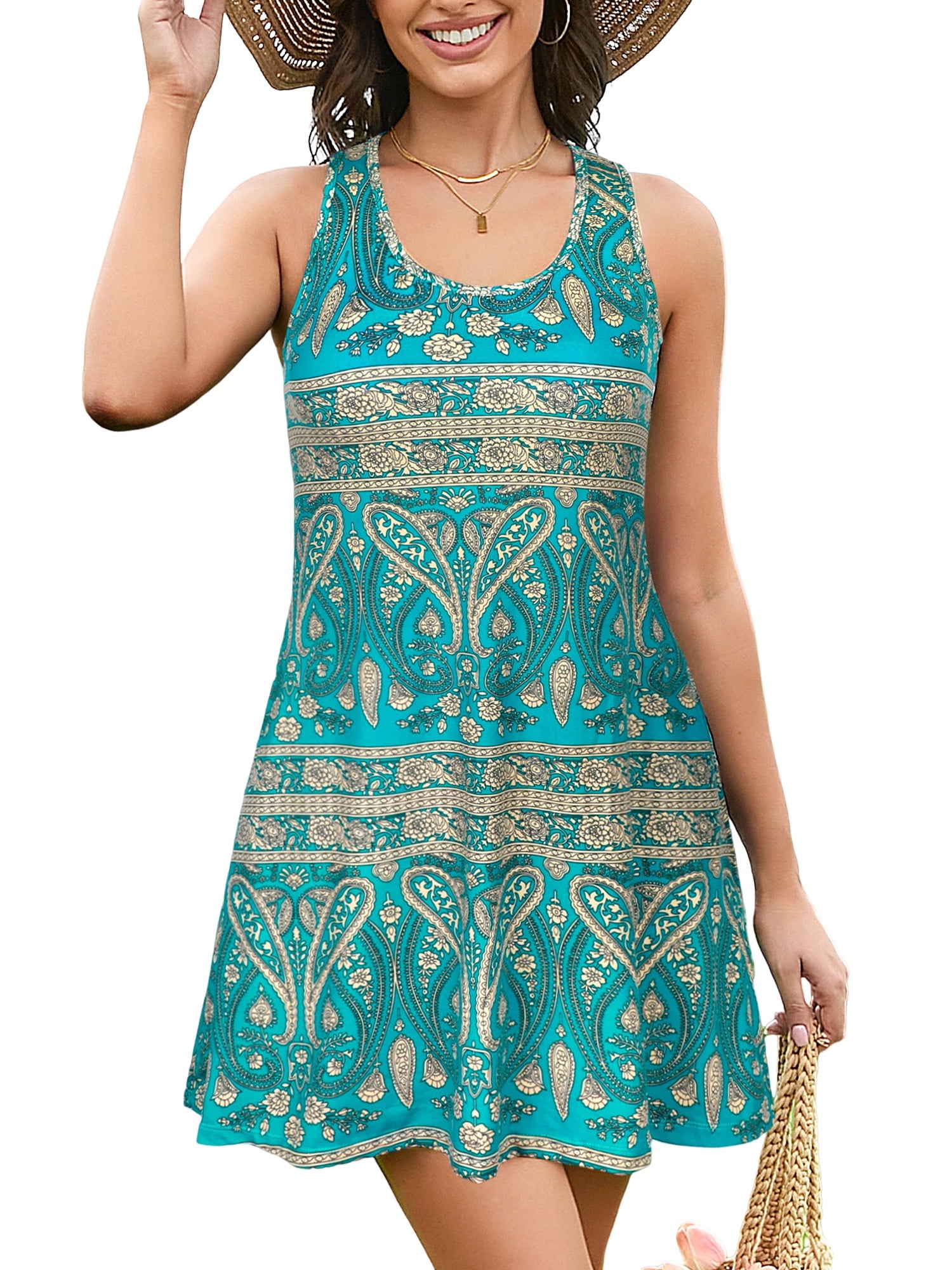 Charmo U Neck Tank Dress for Womens Racerback Flowy Summer Casual T Shirt Dresses with Pockets