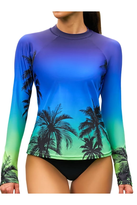 UPF 50+Swim Tops for Womens Long Sleeve Rashguard Printed Swim Shirts