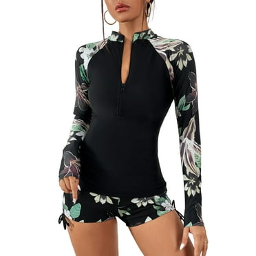 Charmo Women 2-Piece Rash Guard Long Sleeve Swimsuits with High Waist Boyshort Bottom