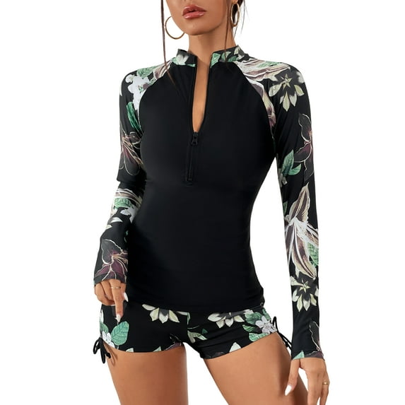 Charmo Women 2-Piece Rash Guard Long Sleeve Swimsuits with High Waist Boyshort Bottom