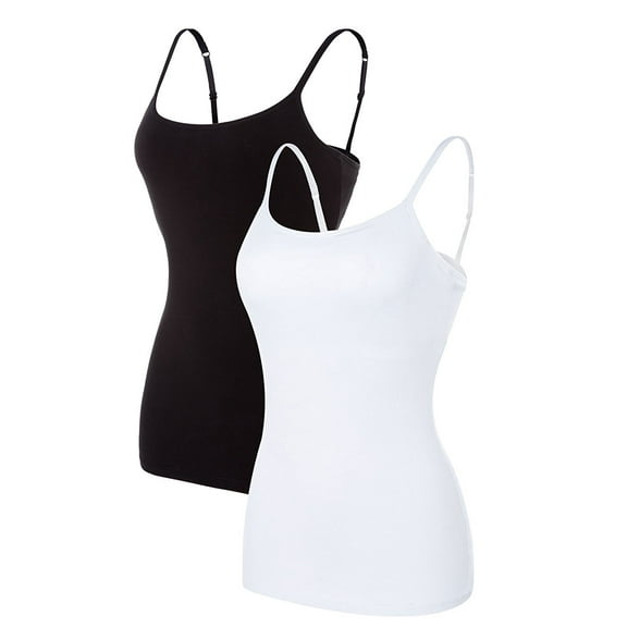 Charmo Women Basic Cami Tanks Adjustable Spagetti Strap Built in Bra Tank Tops Cotton Undershirt, 2 Pack