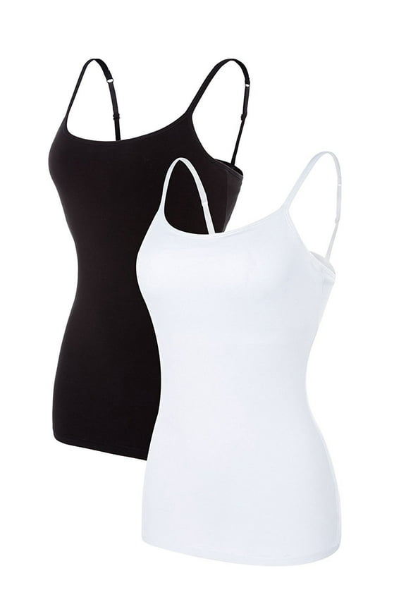 Women Basic Cami Tanks Adjustable Spagetti Strap Built in Bra Tank Tops Cotton Undershirt, 2 Pack