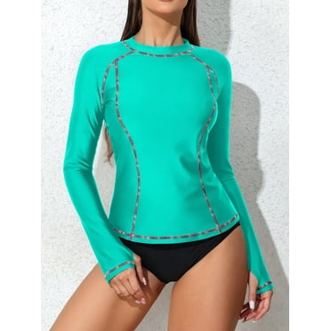 Charmo Women Color Blocked Swim Shirts Long Sleeve Rash Guard UPF 50  UV Swimsuit Top
