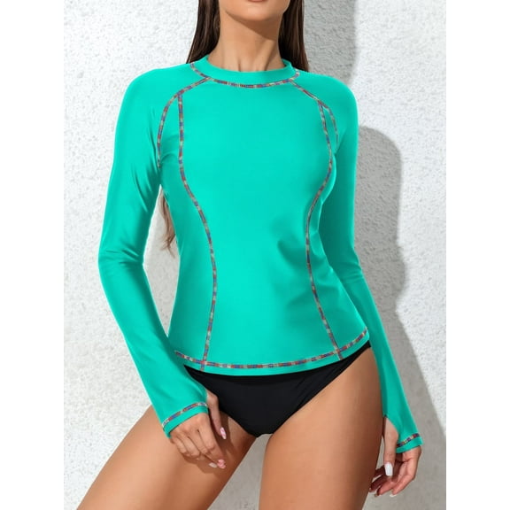 Charmo Women Color Blocked Swim Shirts Long Sleeve Rash Guard UPF 50+ UV Swimsuit Top