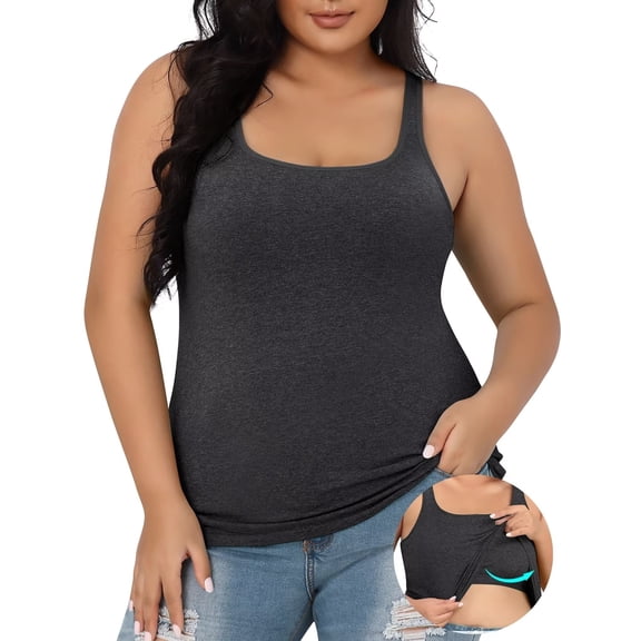 Charmo Womens Plus Size Cotton Tank Tops with Shelf Bra Adjustable Wider Strap Camisole Basic Undershirts 1X-5X