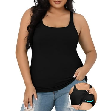 Charmo Womens Plus Size Cotton Tank Tops with Shelf Bra Adjustable Wider Strap Camisole Basic Undershirts 1X-5X