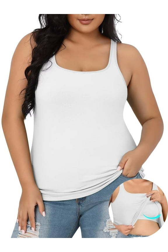 Womens Plus Size Cotton Tank Tops with Shelf Bra Adjustable Wider Strap Camisole Basic Undershirts 1X-5X