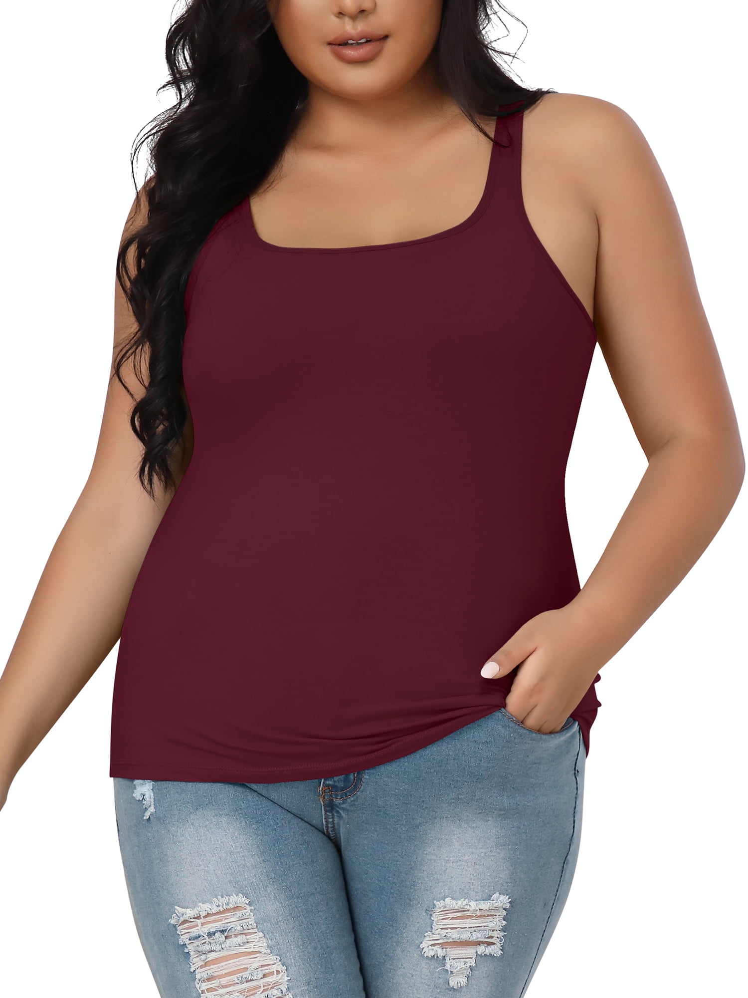 Charmo Women Plus Size Cotton Tank Top with Shelf Bra Adjustable Wider  Strap Camisole Basic Undershirt