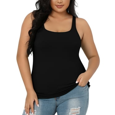 Charmo Women Plus Size Cotton Tank Top with Shelf Bra Adjustable Wider Strap Camisole Basic Undershirt