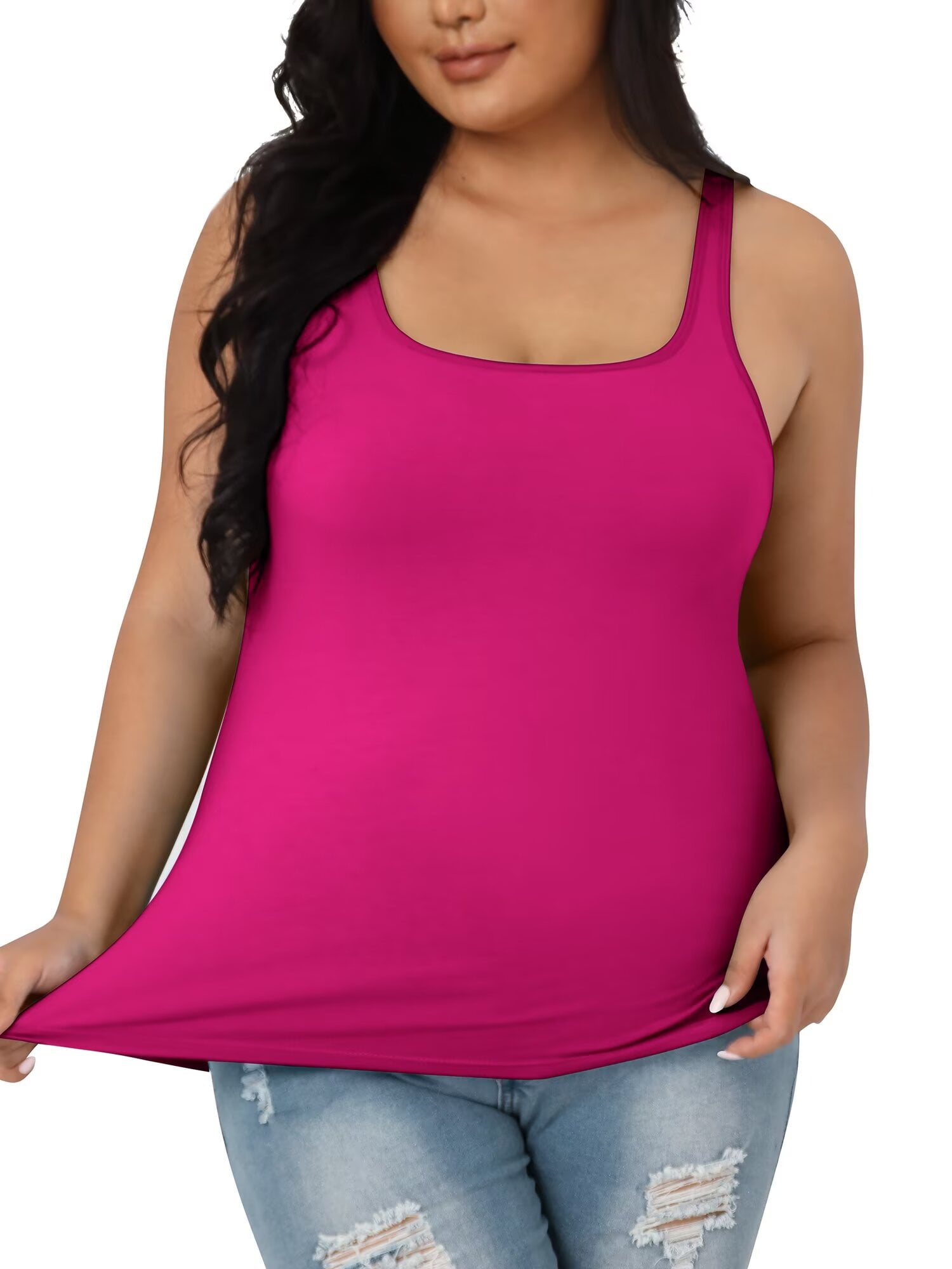 Charmo Women Plus Size Cotton Tank Top with Shelf Bra Adjustable Wider Strap Camisole Basic Undershirt