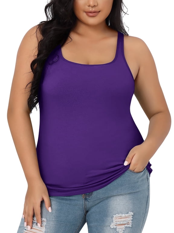 Womens Plus Size Cotton Tank Tops with Shelf Bra Adjustable Wider Strap Camisole Basic Undershirts 1X-5X