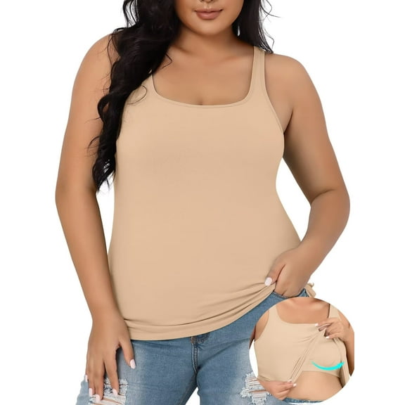 Charmo Womens Plus Size Cotton Tank Tops with Shelf Bra Adjustable Wider Strap Camisole Basic Undershirts 1X-5X