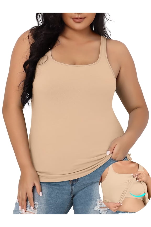 Womens Plus Size Cotton Tank Tops with Shelf Bra Adjustable Wider Strap Camisole Basic Undershirts 1X-5X