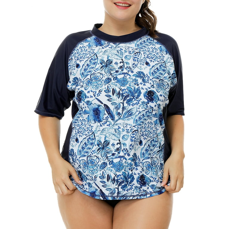 Charmo Women Plus Size Rash Guard Short Sleeve Swim Shirt Rashguard  Swimwear Top