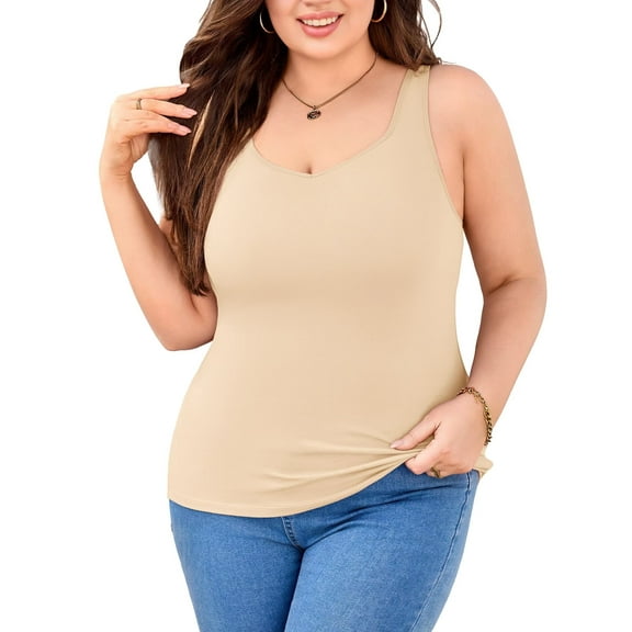 Charmo Women Plus Size Tank Tops with Built-in Padded Bra Adjustable Strap V-Neck Camisole Cotton Cami Shirts 1X-4X