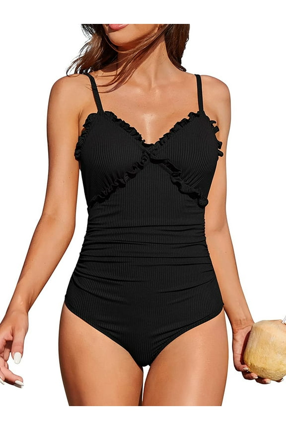 Women Ribbed One Piece Bathing Suits Ruffle V Neck Swimsuit High Cut Monokini