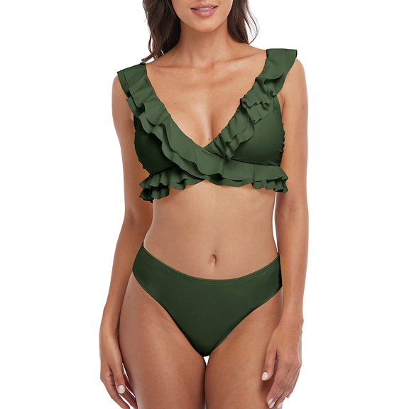 Charmo Women Ruffle Bikini Set Flounce Strap V Neck Low Rise Two Pieces Fashional Swimsuits Swimwear