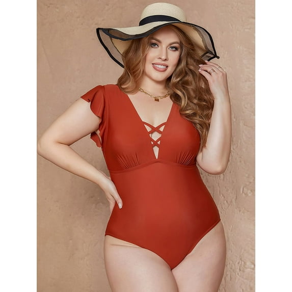 Charmo Women Ruffled Swimwear V Neck Plus Size Monkini Tie Back Bath Suit Tummy Control Swimsuit