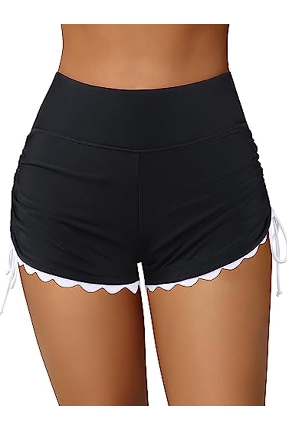 Scalloped Swim Shorts for Womens High Waisted Drawstring Swimsuit Bottoms Tankini Swim Board Shorts