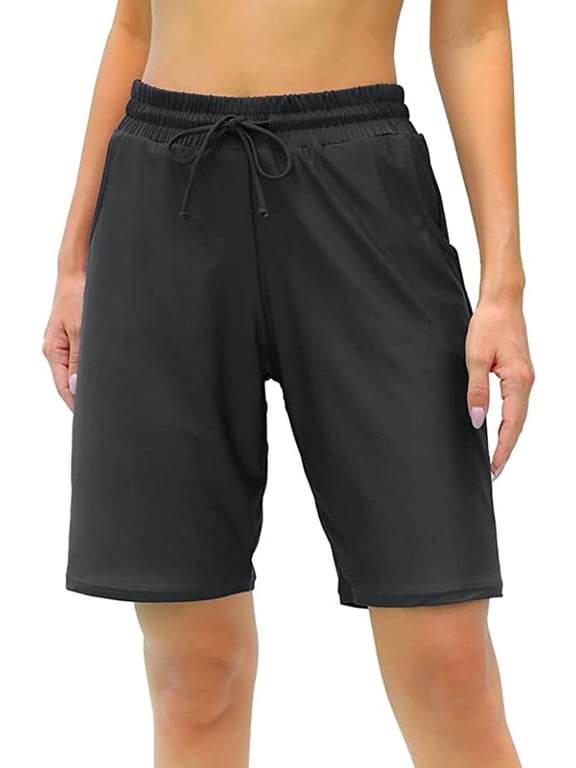 Women Swim Shorts Boy Leg Boardshorts with Built-in Brief Solid Beach Swimsuit Bottoms