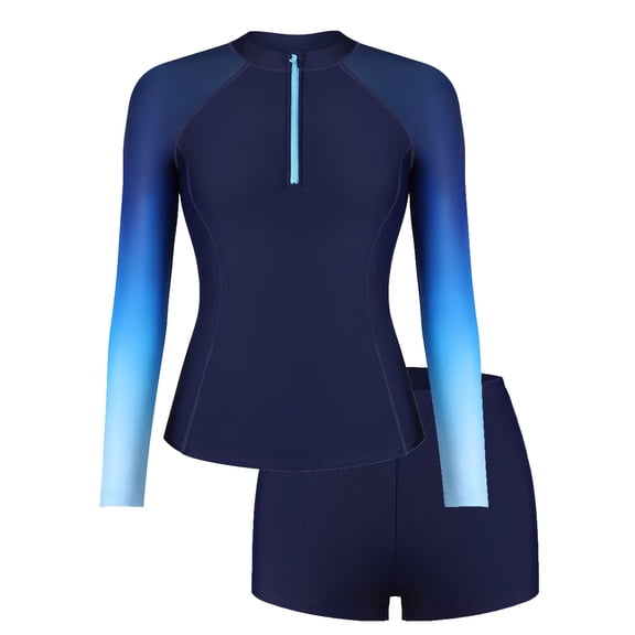 Charmo Women Two Piece Rash Guard Long Sleeve Zipper Swimsuits UV UPF 50  Swim Shirt Bathing Suit with Boyshort Bottom