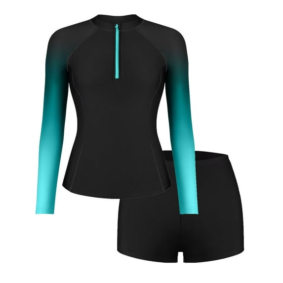 Charmo Women Two Piece Rash Guard Long Sleeve Zipper Swimsuits UV UPF 50+ Swim Shirt Bathing Suit with Boyshort Bottom