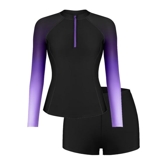Charmo Women Two Piece Rash Guard Long Sleeve Zipper Swimsuits UV UPF 50+ Swim Shirt Bathing Suit with Boyshort Bottom