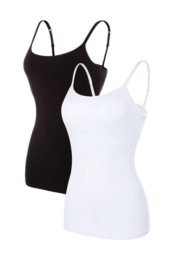 Women's Basic Cami Adjustable Spaghetti Strap Built in Bra Tank Top 2 Pack
