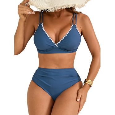 Charmo Women's Bikini Sets V Neck High Waisted Swimsuits Shell Stitched Two Piece Bathing Suit