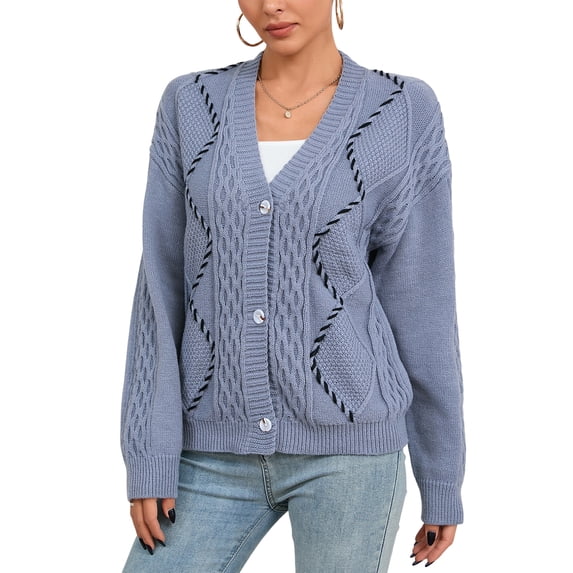 Charmo Women's Cable Knit Open Front Button Down Cardigan Sweater Long Sleeve Chunky Fall Sweater Outwear