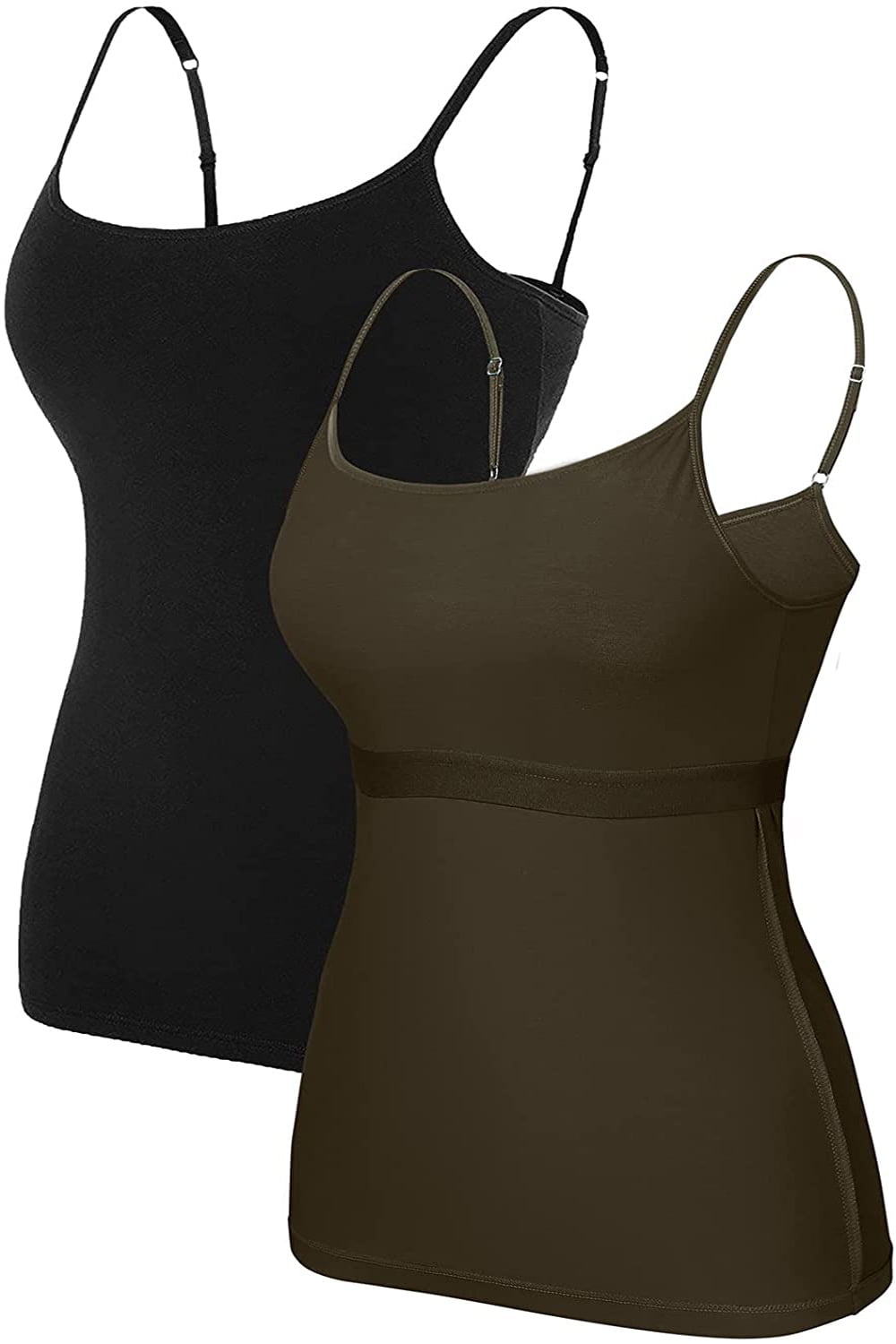 Charmo Women Basic Cami Tanks Adjustable Spagetti Strap Built in Bra Tank  Tops Cotton Undershirt, 2 Pack 