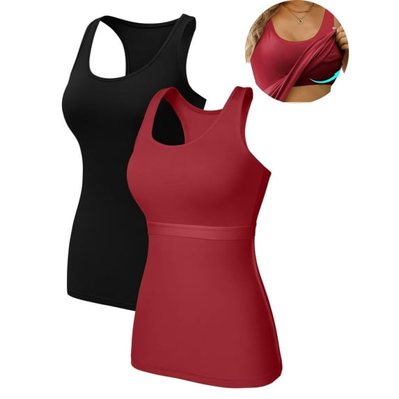 Charmo 2-Pack Cotton Tank Tops for Womens with Shelf Bra Racerback Yoga Camisole Workout Undershirts