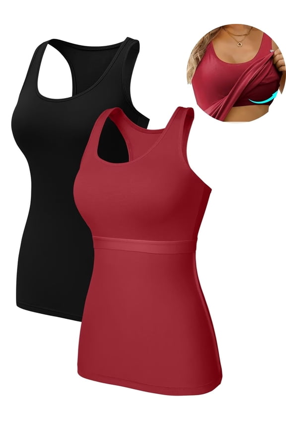 2-Pack Cotton Tank Tops for Womens with Shelf Bra Racerback Yoga Camisole Workout Undershirts