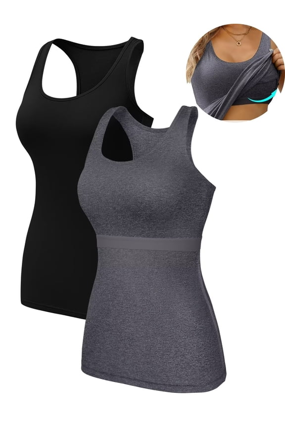 2-Pack Cotton Tank Tops for Womens with Shelf Bra Racerback Yoga Camisole Workout Undershirts