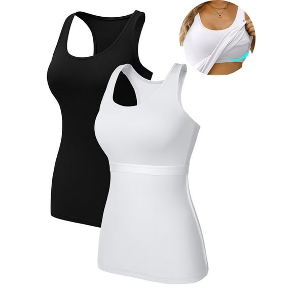 Charmo 2-Pack Cotton Tank Tops for Womens with Shelf Bra Racerback Yoga Camisole Workout Undershirts