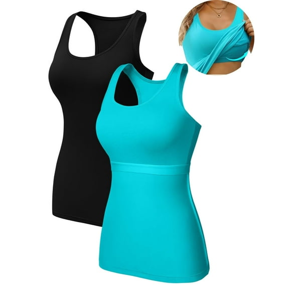 2-Pack Cotton Tank Tops for Womens with Shelf Bra Racerback Yoga Camisole Workout Undershirts