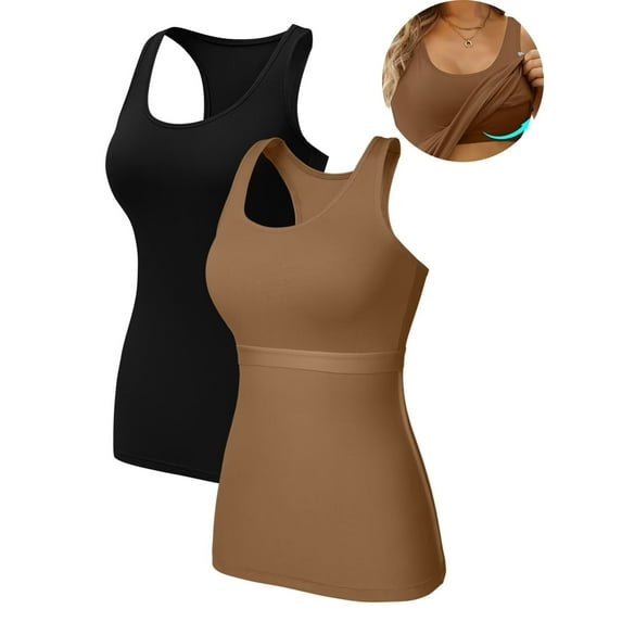 Charmo 2-Pack Cotton Tank Tops for Womens with Shelf Bra Racerback Yoga Camisole Workout Undershirts
