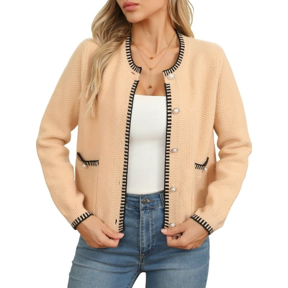 Charmo Women's Chunky Cardigan Sweaters Contrast Trim Crew Neck Coat