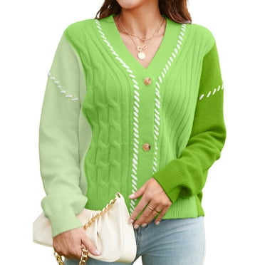 Charmo Women's Color Block V Neck Button Front Knit Cardigan Sweater Outerwear