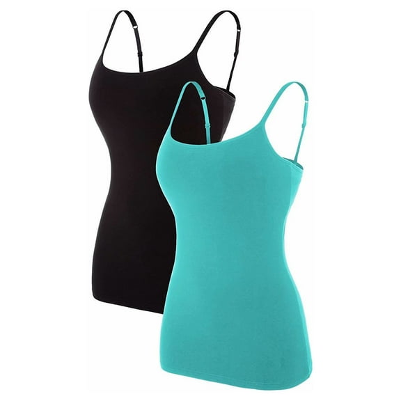 Charmo Women's Cotton Basic Casual Long Camisole Adjustable Spaghetti Strap Built in Bra Tank Top 2 Pack