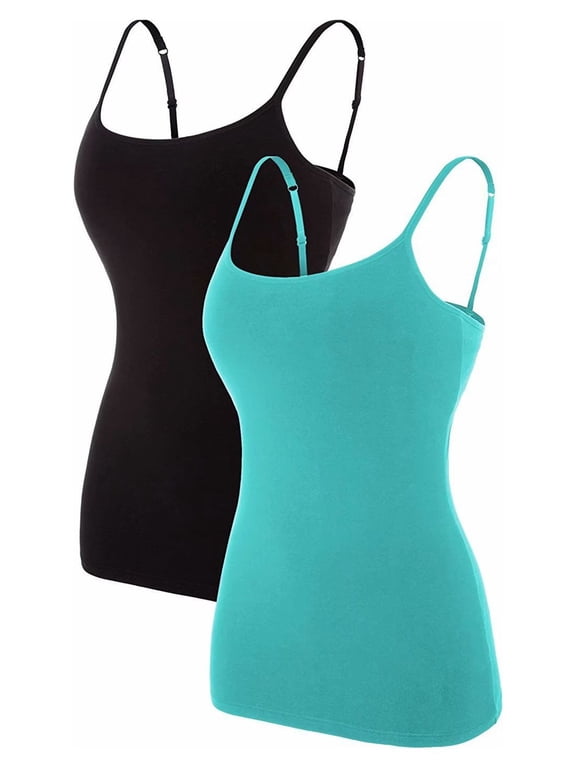 Women's Cotton Basic Casual Long Camisole Adjustable Spaghetti Strap Built in Bra Tank Top 2 Pack