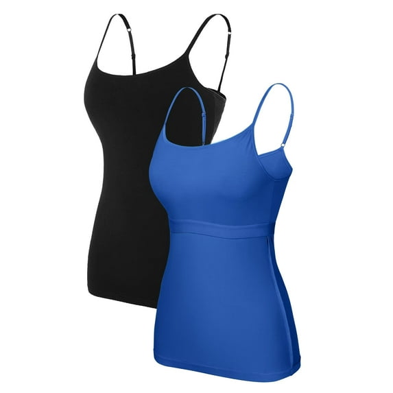 Charmo Women's Cotton Basic Casual Long Camisole Adjustable Spaghetti Strap Built in Bra Tank Top 2 Pack