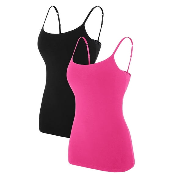 Charmo Women's Cotton Basic Casual Long Camisole Adjustable Spaghetti Strap Built in Bra Tank Top 2 Pack