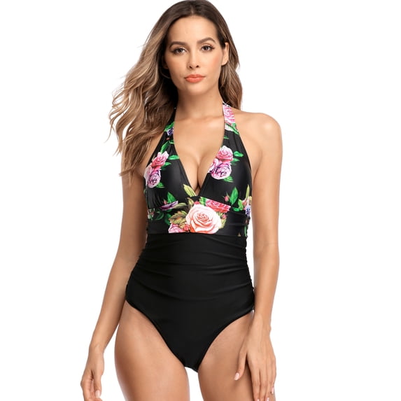 Charmo Women's Floral One Piece Swimwear Halter V-neck Sexy Swimsuit