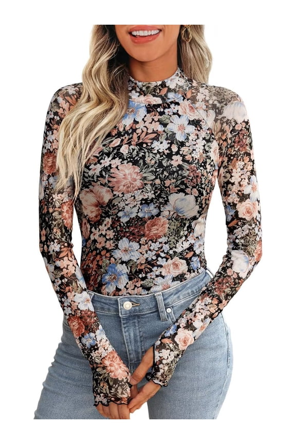 Women's Floraled Print Elegant Long Sleeve Frill Trim Mock Neck Blouse Tops