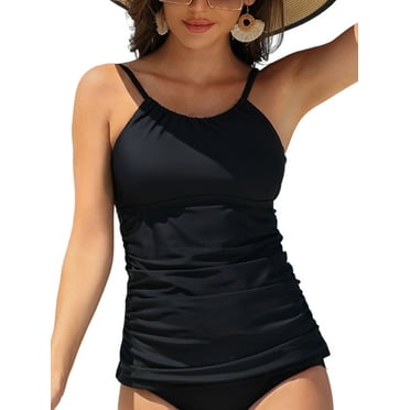 Charmo Women's High Neck Tankini Tops Built-in Bra Only Tummy Control Swimsuit Tops Ruched Swim Tops Without Bottoms