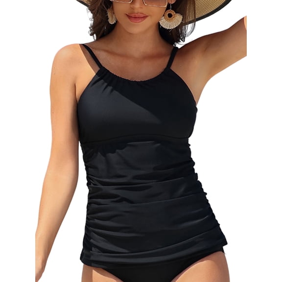 Charmo Women's High Neck Tankini Tops Built-in Bra Only Tummy Control Swimsuit Tops Ruched Swim Tops Without Bottoms